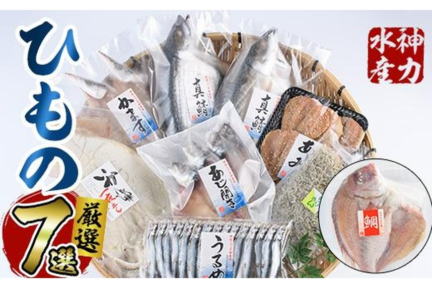 厳選ひもの セット (7種) 簡単 調理 干物 あじ 真あじ あじみりん かます さば 真さば ちりめん ちりめんじゃこ イカ タイ みりん干し 丸干し 一夜干し 開き 魚 海鮮 冷凍 詰め合わせ【DF03】【(株)神力水産】