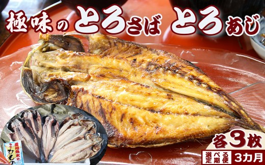 【極味のひもの】脂の乗り抜群『とろさば・とろあじ』ひものセット 各３枚 定期便 ３カ月《毎月》 《選べる発送間隔》《発送開始月指定OK》鯖 サバ 鯵 アジ ひもの ひらき 干物 天日干し 手開き 焼き魚 ご飯のお供 焼き魚セット 人気店 お取り寄せ ひものセット [魚水][0063-0003]
