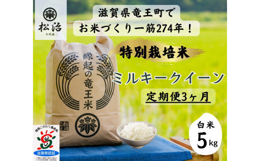 米 定期便 ミルキークイーン 白米 5kg × 3ヶ月 縁起の竜王米  ( 令和7年産米 白米 5kg 3回 定期 お米 おこめ ごはん 米 特別栽培米 ブランド米 ライス こだわり米 ギフト 国産 縁起の竜王米 滋賀県竜王町 )