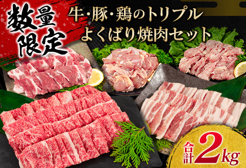 数量限定 牛肉 豚肉 鶏肉 トリプル よくばり 焼肉 セット 合計2kg 宮崎牛 ブランド牛 黒毛和牛 国産 食品 高級 贅沢 ご褒美 お祝 人気 おすすめ おかず お弁当 BBQ キャンプ グランピング お取り寄せ グルメ 詰め合わせ 大容量 宮崎県 日南市 送料無料 お肉だヨ!全員集合!!_C73-21