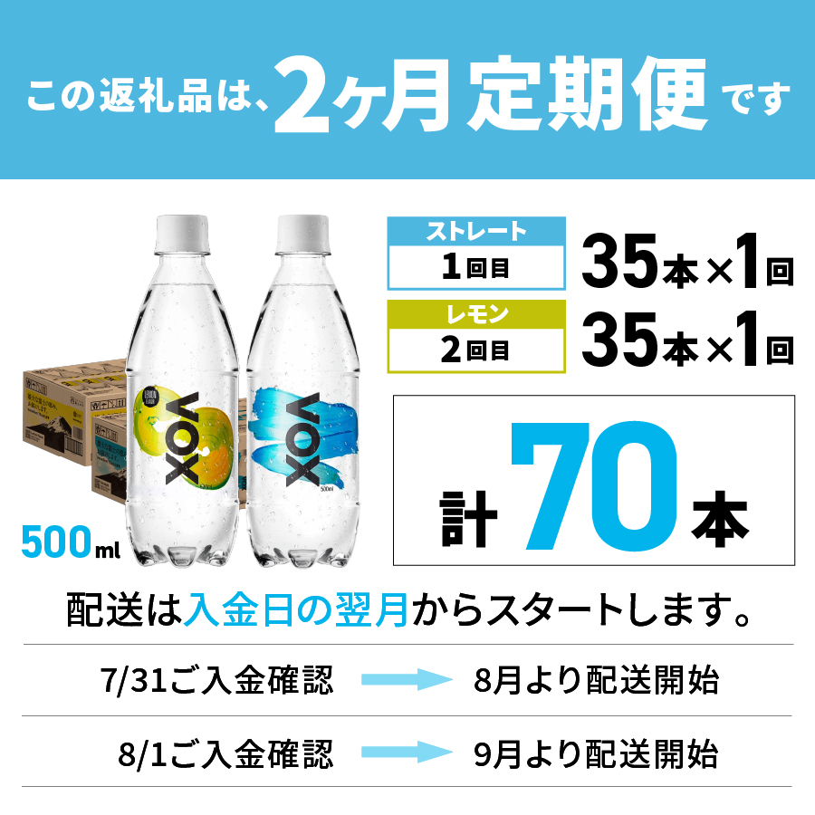 【2か月ミックス定期便】VOX バナジウム 強炭酸水 500ml 35本(ストレート＆レモン)