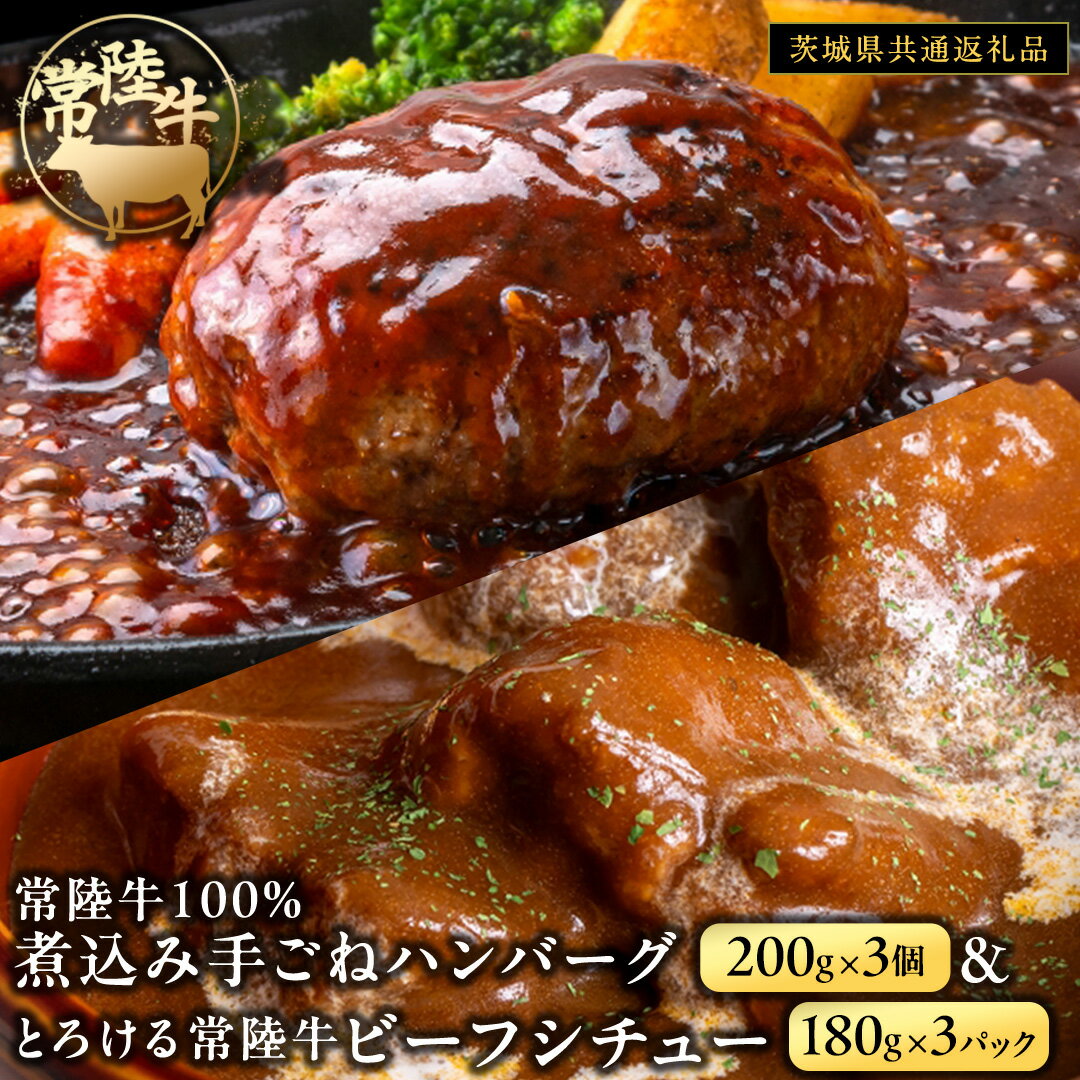 【ふるさと納税】常陸牛100％ 煮込み 手ごね ハンバーグ 600g（ 200g × 3パック）とろける 常陸牛 ビーフシチュー 540g（ 180g ×3パック）【茨城県共通返礼品】 黒毛和牛 和牛 牛肉 肉 レトルト 冷凍 小分け 簡単 シチュー 小分け