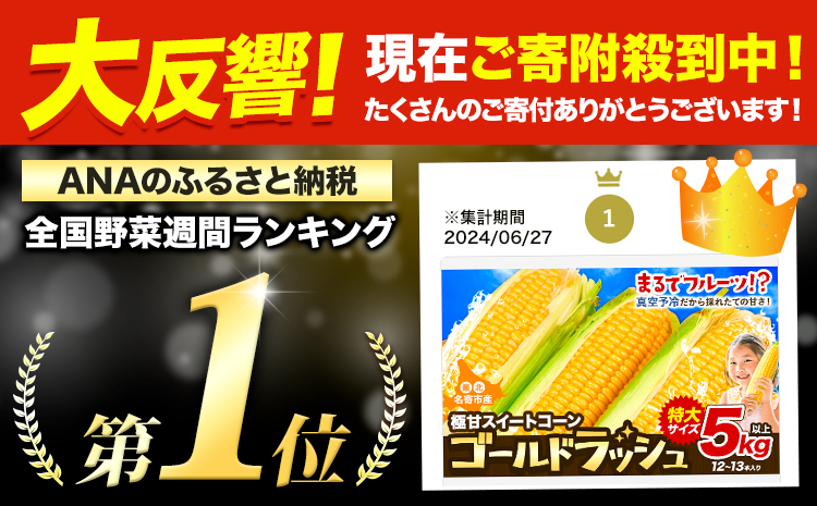 【特大】 とうもろこし 極甘 スイートコーン 「 ゴールドラッシュ 」 5kg 以上 12～13本 特大 サイズ《 7月 下旬- 9月 中旬頃出荷予定》 朝採れ 真空予冷 冷蔵 高糖度 先行予約 夏野