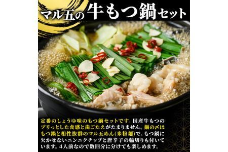 国産牛もつ鍋 醤油味 〆のマルゴめんは福岡県産の米粉麺(計4人前)モツ鍋 もつ鍋セット 国産 しょうゆ 牛モツ ホルモン＜離島配送不可＞【ksg0360-A】【マル五】