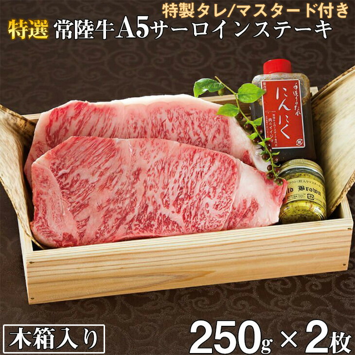 【ふるさと納税】肉 常陸牛A5 サーロインステーキ 250g×2枚＜木箱入り・特製タレ/マスタード付き＞ 国産牛 黒毛和牛 お中元 敬老の日 お取り寄せ お祝い 内祝い 出産 結婚 快気祝い プレゼント 誕生日 ギフト対応 茨城県 水戸市 肉のイイジマ（DU-13）