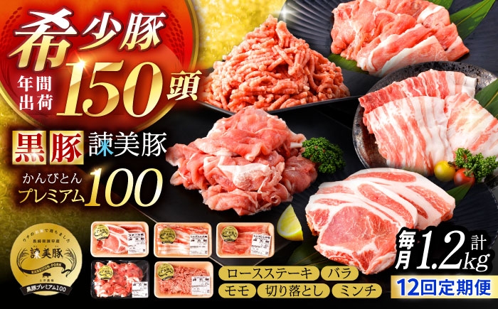 
                  【12回定期便】＜特Aのブランド米で育てた＞黒豚諫美豚プレミアム100 5種セット 計1.2kg( ロースステーキ バラ モモ 切り落とし ひき肉 ) / 豚肉 ロース ステーキ 挽き肉 ミンチ / 諫早市 / 株式会社土井農場 [AHAD113]
                