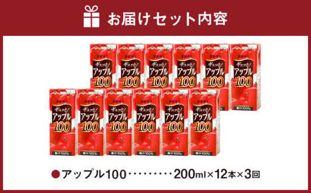 【3か月連続定期便】アップル100 200ml×12本×3回 合計36本 合計7.2L 厳選 りんご 果汁 100% 濃縮還元 林檎 ジュース リンゴジュース  常温 飲料 熊本県 らくのうマザーズ