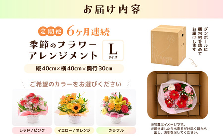 定期便 ≪6ヶ月連続お届け≫ 選べるカラー 季節のフラワーアレンジメント L (レッド・ピンク) 【お花 フラワー アレジメント 花束 ギフト 生花 プレゼント 花束 花 記念日 敬老の日 お祝い】 