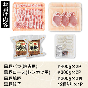 【B02091】特選黒豚(計約1.6kg)  黒豚焼豚(約200g×2個) 黒豚餃子(12個入×1P) 鹿児島 国産 九州産 黒豚 豚肉 お肉 バラ肉 ロース トンカツ 焼豚 叉焼 チャーシュー 餃子