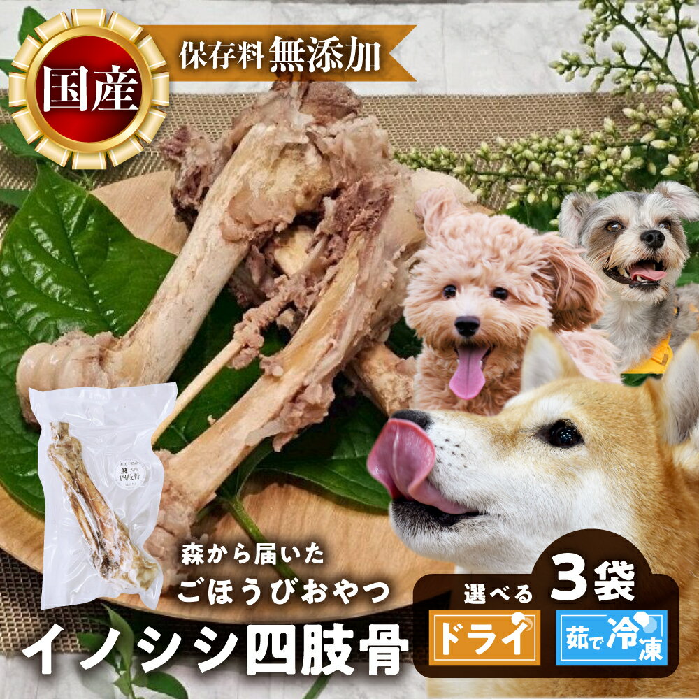 【ふるさと納税】ごちそうペットフード イノシシ四肢骨 3袋 選べる 茹で冷凍 450g以上 / ドライ 250g以上 ジビエ ボーン 骨 ペット 犬 愛犬 ワンちゃん わんちゃん ごはん ご飯 いのしし イノシシ 猪 低カロリー たんぱく質 健康 ペット用品 エサ えさ おやつ