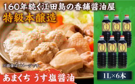 リピーター続出のあまくちうす塩醤油 1L×6本 醤油 うす塩 健康 濃口 和食 醤油 しょう油 しょうゆ お醤油 セット 詰め合わせ 調味料 大豆 発酵食品 刺身 煮物 だし だし醤油 出汁醤油 出汁 濃口 濃い口 こいくち 安心 安全 手作り コク 旨味 国産 料理 グルメ 保存 リピート ギフト 人気 高品質 好評 広島県産 ＜濱口醤油＞江田島市[XAA046]