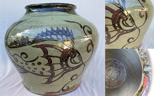 叩き絵唐津魚文壺