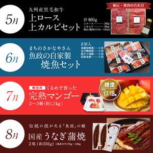 【定期便12回】久留米うまいもんづくし定期便_定期便 12回 うまいもんづくし 毎月お届け あまおう 苺 すきしゃぶ ハンバーグ スタミナソース ロース カルビ 焼肉のたれ 自家製焼魚 マンゴー うな