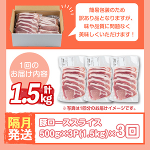 s603-B 【隔月・定期便3回】＜訳あり＞鹿児島県産豚ローススライス(計4.5kg・500g×3P×3回)  豚肉 ロース スライス 小分け 国産 しゃぶしゃぶ 生姜焼き 鹿児島 お肉 ポーク 真空