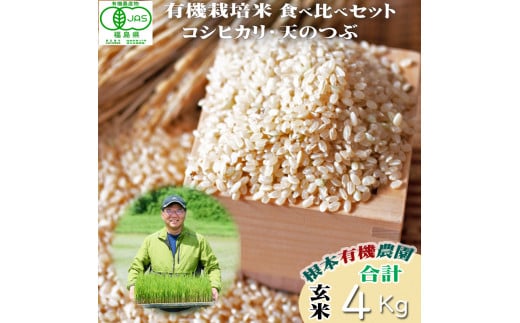JAS有機米 コシヒカリ 天のつぶ 食べ比べセット 玄米 4kg (2kg×2種) | JAS 有機米 米 コメ ブランド米 低温貯蔵庫 福島県産 根本有機農園  【3005601】