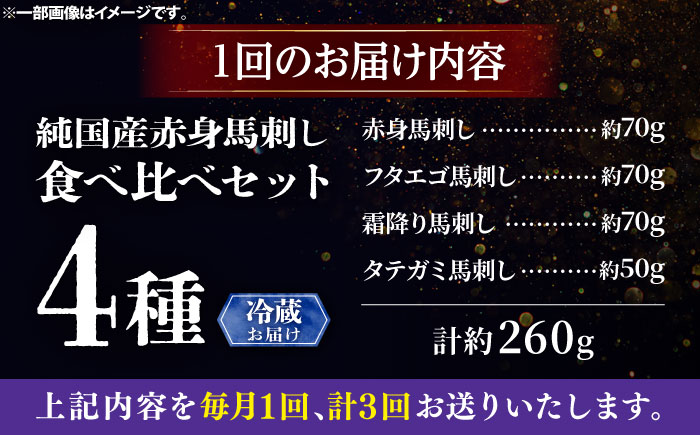 【全3回定期便】【冷蔵】純国産馬 馬刺し食べ比べセット計約260g(赤身/約70g フタエゴ/約70g 霜降り/約70g タテガミ/約50g) / ばさし 馬刺 熊本馬刺し 熊本県 菊陽町【株式会社古