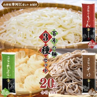 ふるさと納税 寒河江市 亀山製麺所の百年の麺3種セット 20人前 (計10束)【蕎麦 饂飩 ひやむぎ】　011-F35