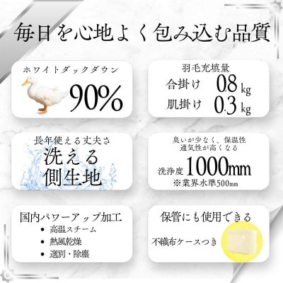 洗える羽毛布団シングル二枚合わせ 合布団0.8kg肌布団0.3kg オールシーズン対応  クリーム