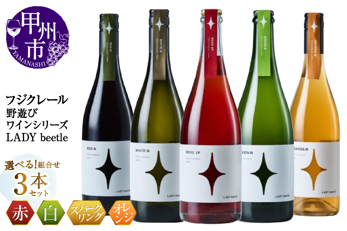 
            【選べる組合せ】フジクレール 野遊びワイン LADY beetle 3本セット《【RED.N】 / 【WHITE.N】 / 【ROSE SP Sparkling】 / 【GREEN.N Sparkling】 / 【ORANGE.N】》（MG）【ワイン フジクレール 赤ワイン 白ワイン ロゼワイン スパークリングワイン オレンジワイン 甲州市 山梨県】
          