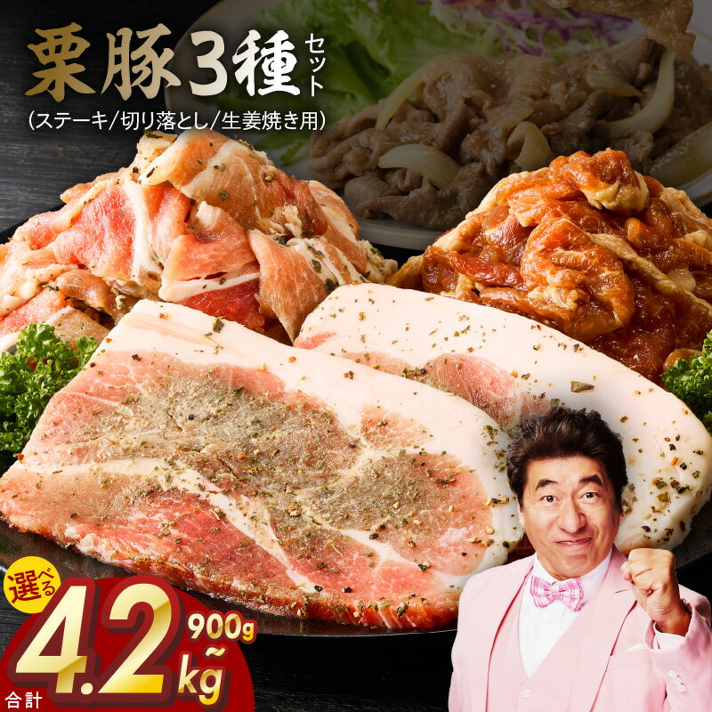 【ふるさと納税】【年内発送】 栗豚 3種 セット 合計 900g / 1.8kg / 2.7kg / 4.2kg ステーキ 切り落とし 生姜焼き用 オリジナルスパイス仕込み 小分け パック 豚肉 盛り合わせ 食べ比べ 焼くだけ 味付 スペイン ガリシア州産 冷凍 精肉 豚 泉佐野市 送料無料 肉の泉佐野
