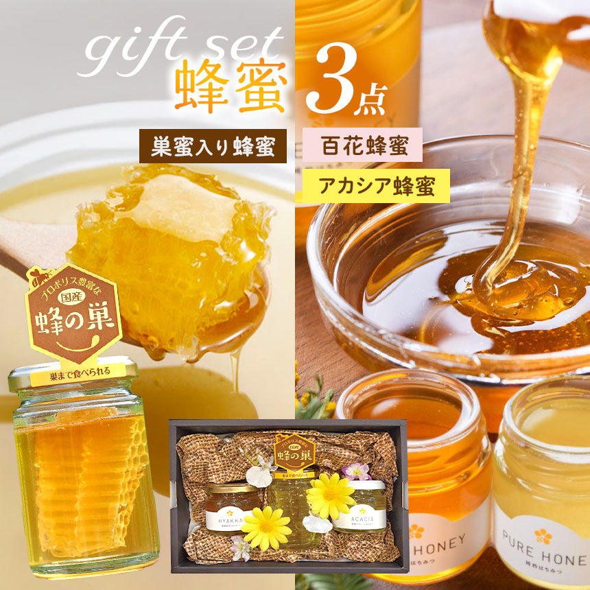 メディア紹介多数！はちみつ工房 国産 巣蜜 (コムハニー)蜂蜜 ３点 ギフトセット | はちみつ ハチミツ 蜂蜜 詰合せ セット ギフト ハニー 国産蜂蜜 国産 新鮮 オススメ 千葉県 君津市 きみつ