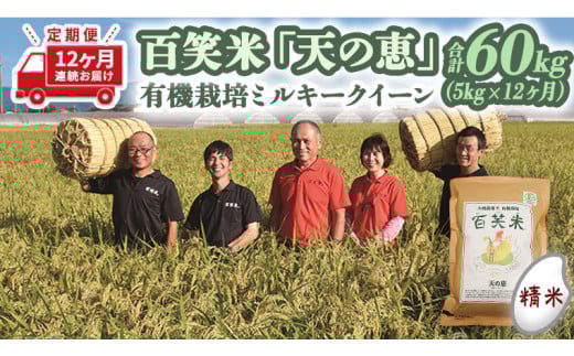 【 12ヵ月 定期便 】 【 精米 】百笑米 「 天の恵 」 有機栽培 ミルキークイーン 5kg×12ヵ月 R7年産 米 コメ 茨城県 単一米 新生活 応援 [AC025ci]