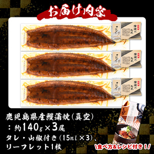 s245 鹿児島県産 鰻蒲焼真空3尾セット！(計約420g約140g×3)嬉しいタレ・山椒付！【薩摩川内鰻】