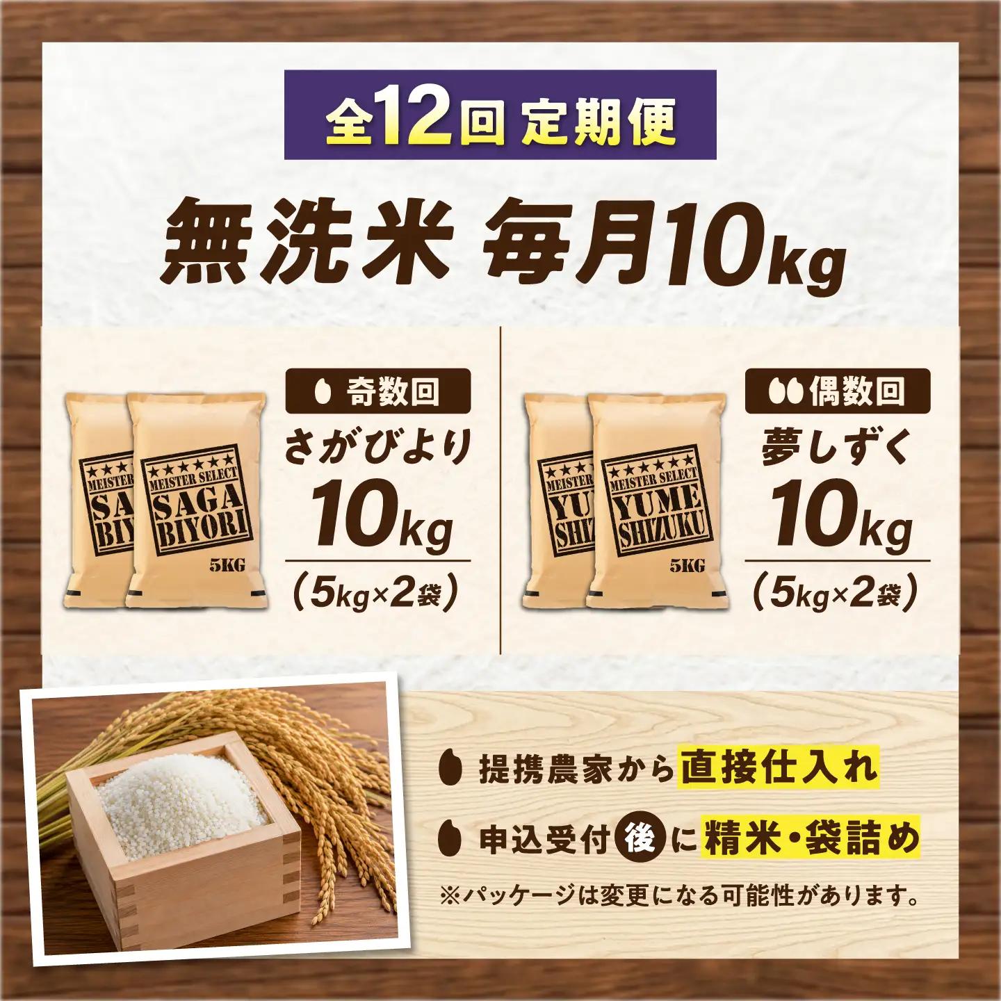 【12回定期便】 無洗米 毎月 10kg （さがびより・夢しずく交互お届け） 無洗米 お米 白米 精米 佐賀県産 米 /大塚米穀店[UFE025]