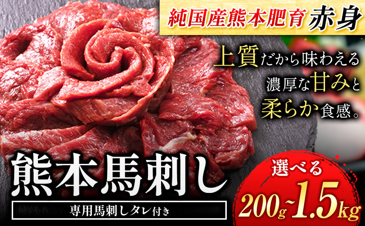 
            馬刺し 赤身 馬刺し 200g～1.5kg 【純 国産 熊本 肥育】 たっぷり タレ付き 生食用 冷凍《30日以内に出荷予定(土日祝除く)》
          