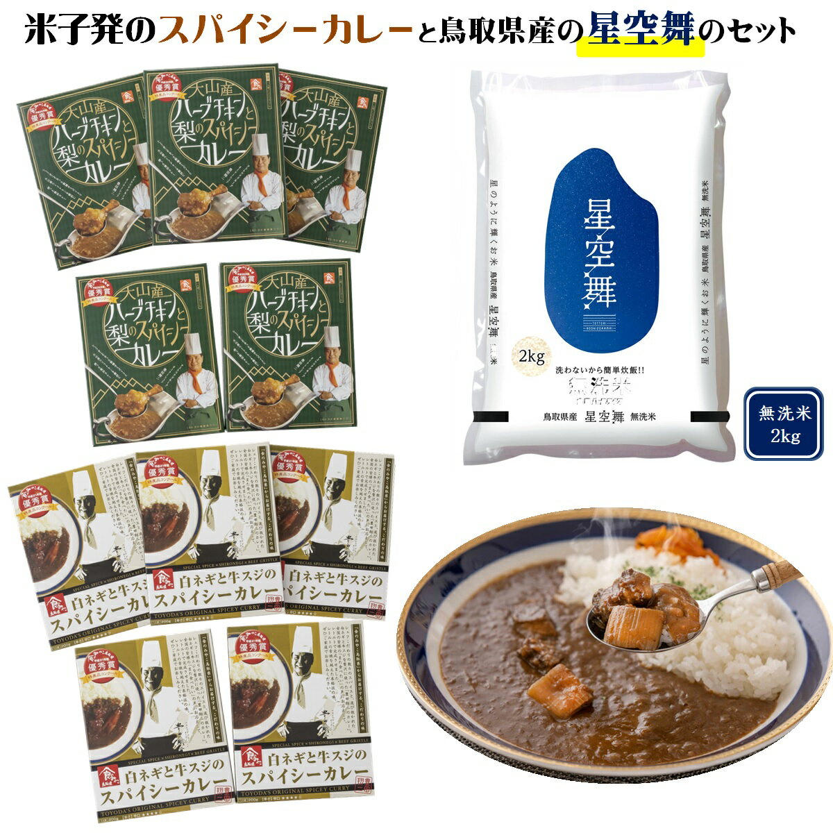 【ふるさと納税】鳥取カレー2種 10個と 星空舞 2kg【22-040-402】レトルトカレーとお米のセット フジキコーポレーション お米 コメ 2キロ 白ネギと牛すじのスパイシーカレー ハーブチキンと梨のスパイシーカレー お取り寄せ グルメ 鳥取県 米子市 送料無料