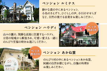 【選べる7施設】南阿蘇のペンション ペア平日1泊2食付き宿泊券／ペット同伴OKの宿も有り《30日以内に出荷予定(土日祝除く)》 熊本県南阿蘇村 ギフト 旅館 温泉 一般社団法人みなみあそ観光局