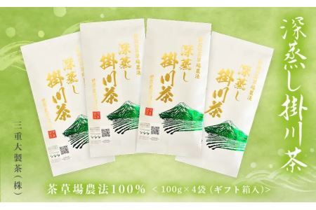 茶草場農法 100％ 深蒸し掛川茶 100g×4袋（ギフト箱入）（新茶 ･令和7年5月下旬より発送　②令和6年度産：今すぐ発送）　三重大製茶　（※新茶受付あり） 1879