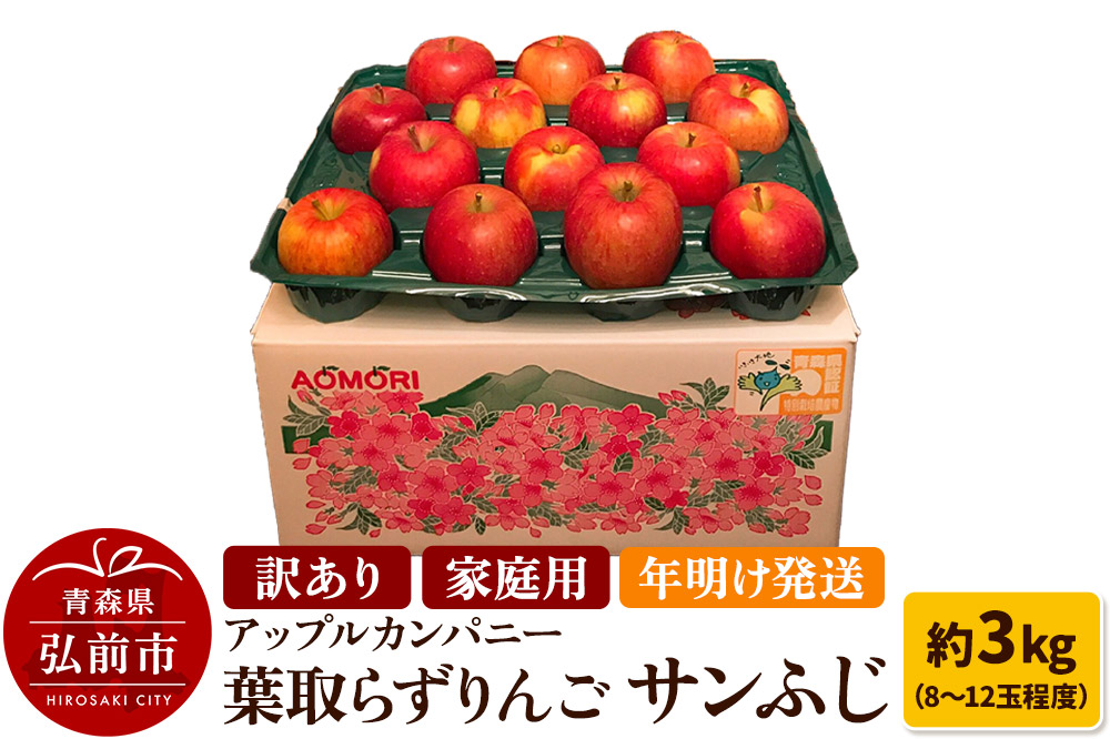 りんご 訳あり家庭用【年明け発送】葉取らず サンふじ 約3kg（8～12玉程度）青森県特別栽培農産物認証農園