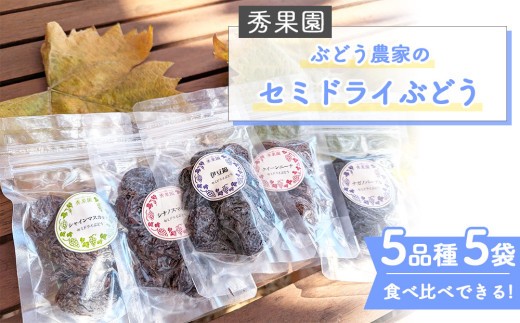 ぶどう農家のセミドライぶどう5品種5袋(各50g)|巨峰、シャインマスカット、ナガノパープルなど【秀果園】