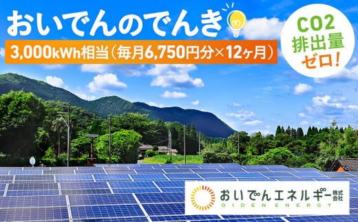 
                  おいでんのでんき3,000kWh相当（81,000円分　毎月6,750円分×12ヶ月）【定期便：全12回】| おいでんの電気 おいでんのでんき おいでんエネルギー 電気 自然エネルギー 再生可能エネルギー CO2排出量ゼロ CO2ゼロ 地域新電力 電力 愛知県 豊田市
                