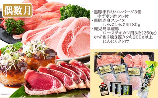 定期便(2回配送)鹿児島県産黒毛和牛・豚肉・一本釣りかつお DD−6004【配送不可地域：離島】【1166749】