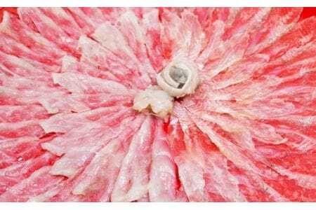 笠戸ひらめ・とらふぐ　お刺身（朱皿プラスチック）約2～3人前【引換券】 ／ ヒラメ さしみ トラフグ 山口県 No.187