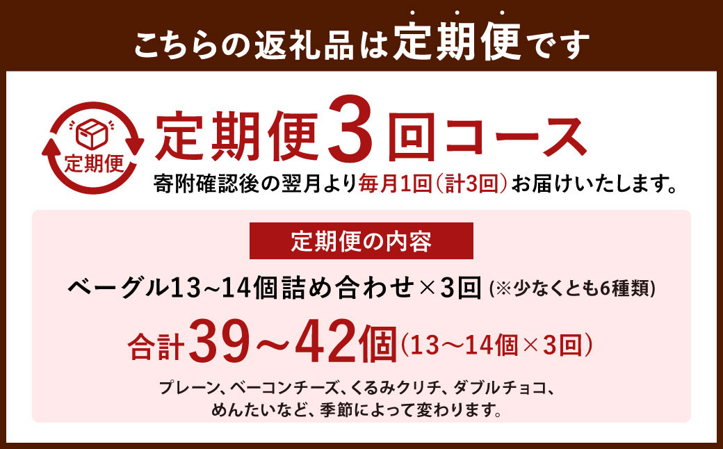 【3ヶ月定期便】【全粒粉使用のふんわりベーグル】福岡の隠れ家カフェCRAMBOX 人気のベーグル 13～14個 詰め合わせ