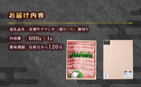 【順次配送】佐賀牛肩ロース（クラシタ）薄切り 600g　C-607