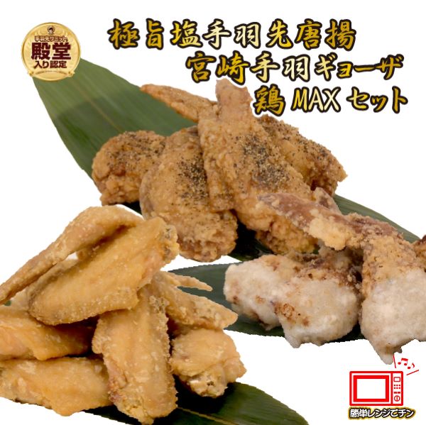 【レンジでチンするだけ♪】極旨塩手羽先唐揚げ 手羽ギョーザ 鶏MAX！セット（鶏肉手羽先 唐揚げ 餃子 もも肉 せせり 鶏皮 調理済み）