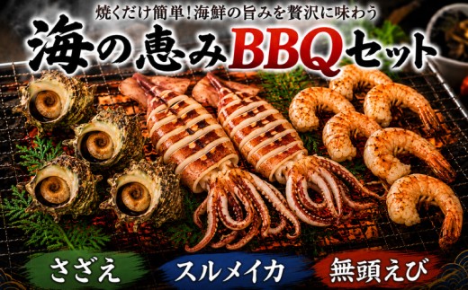 海の恵みBBQセット 4人前 冷凍 海鮮 魚介 さざえ スルメイカ 無頭えび 海鮮BBQ 下処理済み 簡単調理 貝 活さざえ つぼ焼き イカ 海老 無頭えびバナメイ バーベキュー アウトドア 下関 山口 《さわ水産：SW》
