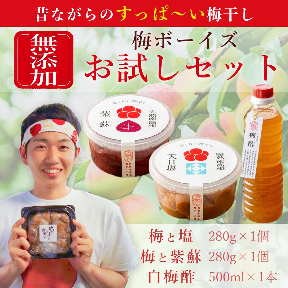 【無添加梅干し】天日塩だけで漬けた梅干し、塩と紫蘇だけで漬けた梅干し、白梅酢 お試しセット / 南高梅 / 梅ボーイズ