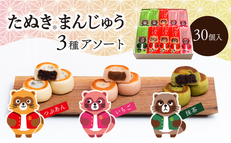 西条銘菓 「たぬきまんじゅう」 3種アソート 30個入 化粧箱 つぶあん いちご 抹茶 　 詰め合わせセット 和菓子 スイーツ まんじゅう 饅頭 粒あん 小分け 個包装 一口サイズ