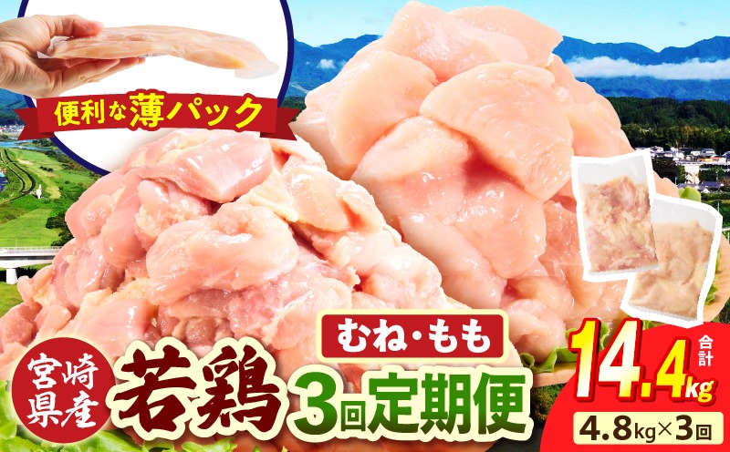 宮崎県産 若鶏切身 むね肉&もも肉 4.8kg（各300g×8袋）【3か月定期便】 肉 お肉 精肉 鶏肉 鶏 鳥 とり とりにく 若鶏 若鳥 もも むね ムネ肉 モモ肉 切身 カット済み 小分け パック 便利 からあげ お弁当 おかず 宮崎県産 宮崎産 国産 冷凍 定期便 おすそ分け _b0787_it_x2