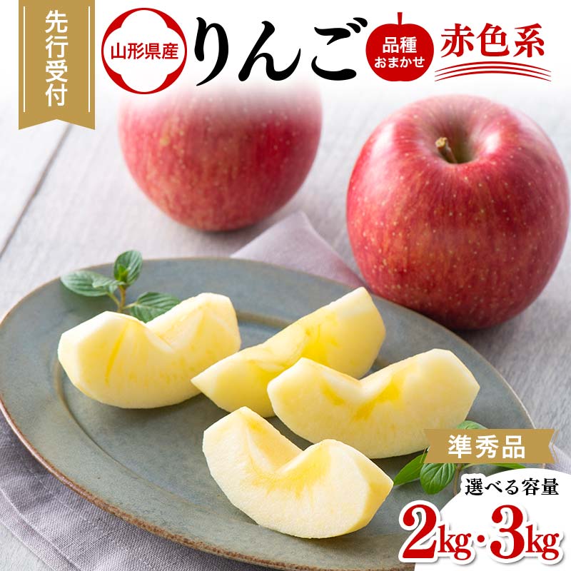 【ふるさと納税】 山形県産 品種おまかせ りんご 赤色系 【選べる容量 約2kg(5～8玉)／約3kg(6～12玉)】 準秀品 2025年10月上旬から順次発送 果物 くだもの フルーツ 林檎 リンゴ アップル 秋果実自宅用 家庭用 訳アリ ワケアリ 山形県 西川町 月山 FYN6-309var