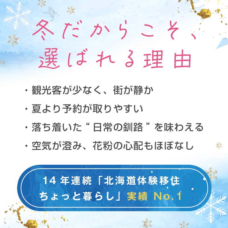 【北海道釧路市】長期滞在向け 長期滞在物件 割引券（期間限定：10 月～5 月） 30,000円分 移住 二拠点 生活 ワーケーション チケット マンション 釧路 道東 避暑 花粉ゼロ ちょっと暮らし