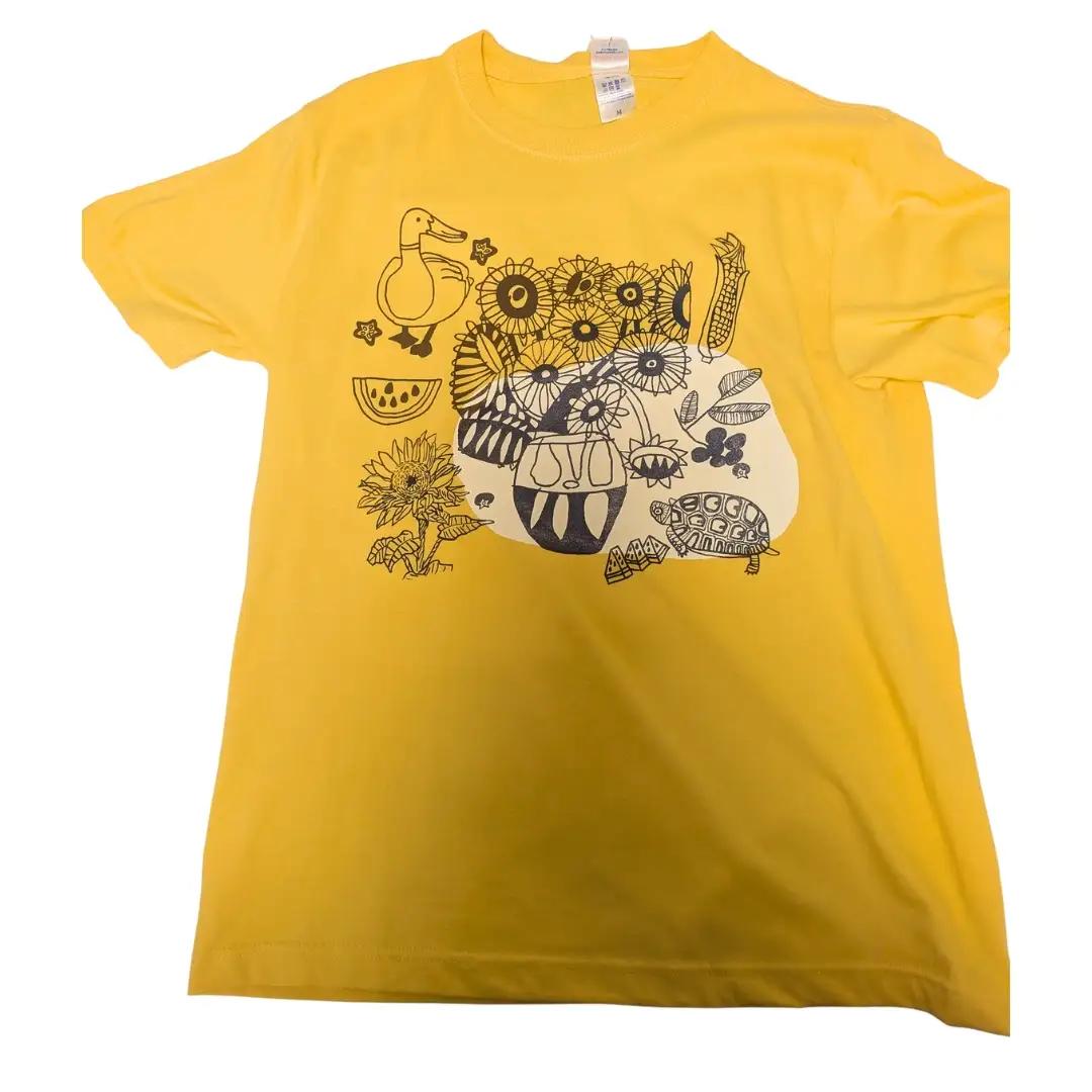 オリジナル 手刷り イラスト Tシャツ  ハンドプリント 手作り 半袖 カットソー メンズ レディース【夏 Mサイズ】 半袖 ひまわり美術部