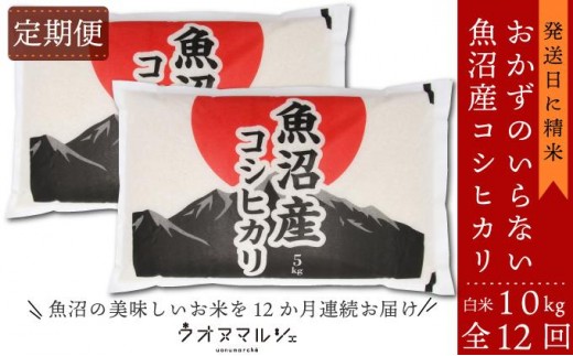 
                  【令和8年産新米予約】【お米定期便/全１２回】 おかずのいらない 魚沼産コシヒカリ　白米１０ｋｇ【定期便 銘柄米 ブランド米 精米 こしひかり コシヒカリ 魚沼産 新潟米 産地直送 お米 米】【2026年9月下旬より1ヶ月以内に順次発送予定】
                