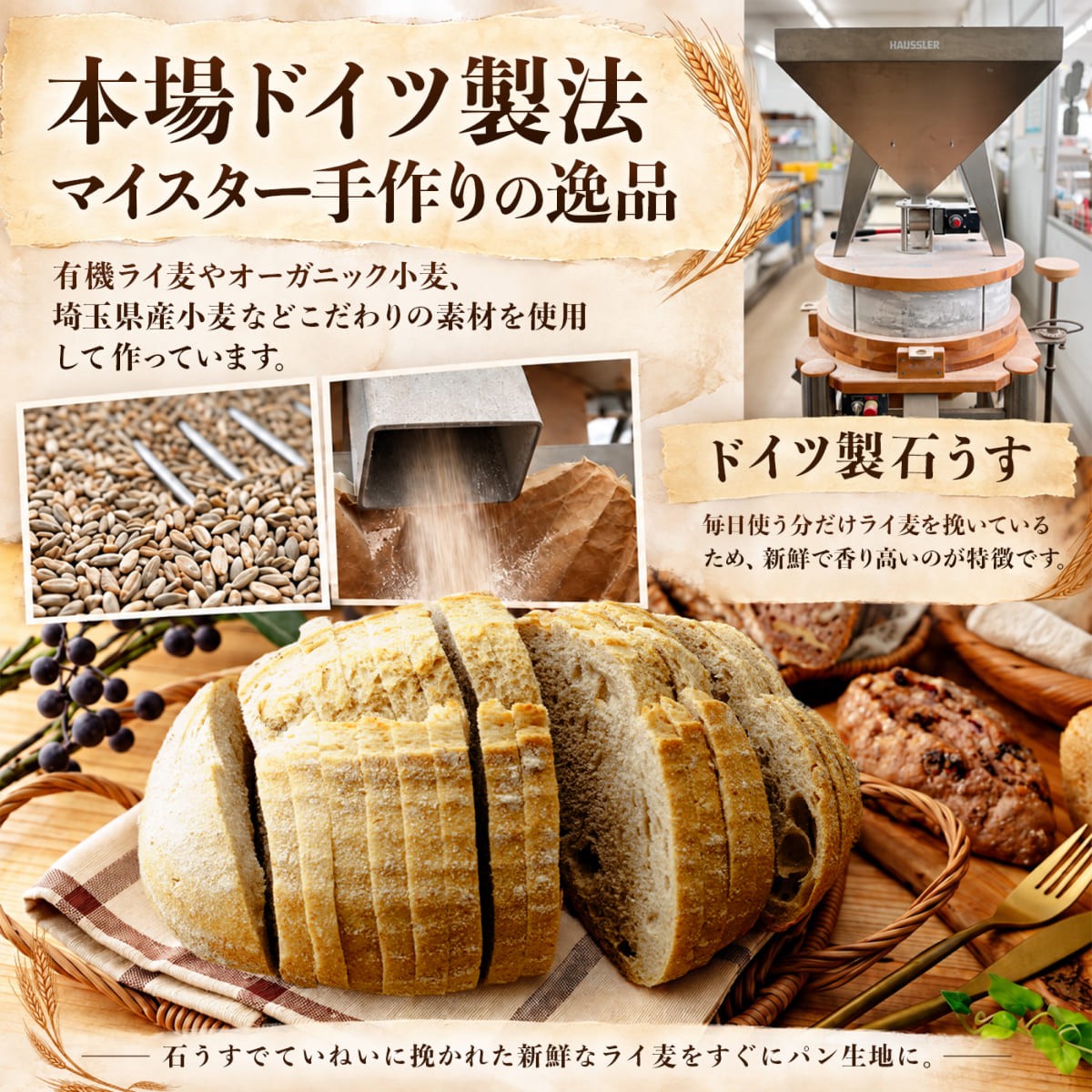 本場ドイツ製法でマイスターが手作りするドイツパン。有機ライ麦や埼玉県産小麦などを使い、ドイツ製石うすで毎日使う分だけライ麦を挽く