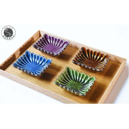 有田焼 菊形角小皿 4色セット（ルリ釉・飴釉・織部釉・紫釉）【福泉窯 x ARITAYAKI-STORE】食器 器 うつわ 皿 和食器 ギフト 手仕事 ek016